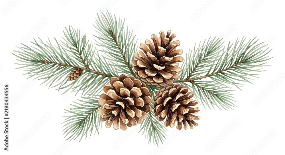 Fototapeta premium Three Detailed Brown Pinecones On Green Fir Branches Isolated On A Plain White Background