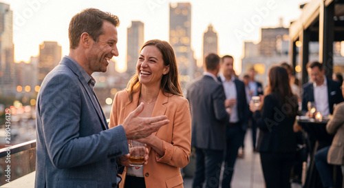 Business people laughing with drinks at rooftop party photo with city skyline at sunset