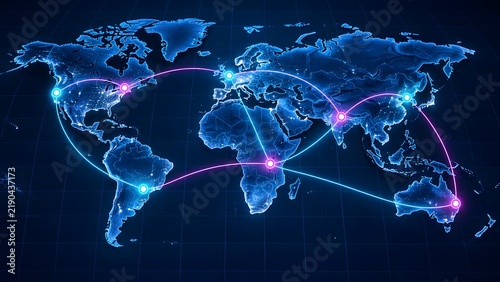 Global network connections world map with glowing lines