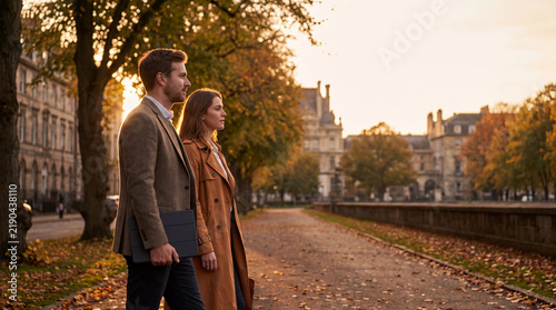 Couple walking on autumn city street photo at golden sunset with leaves and old buildings