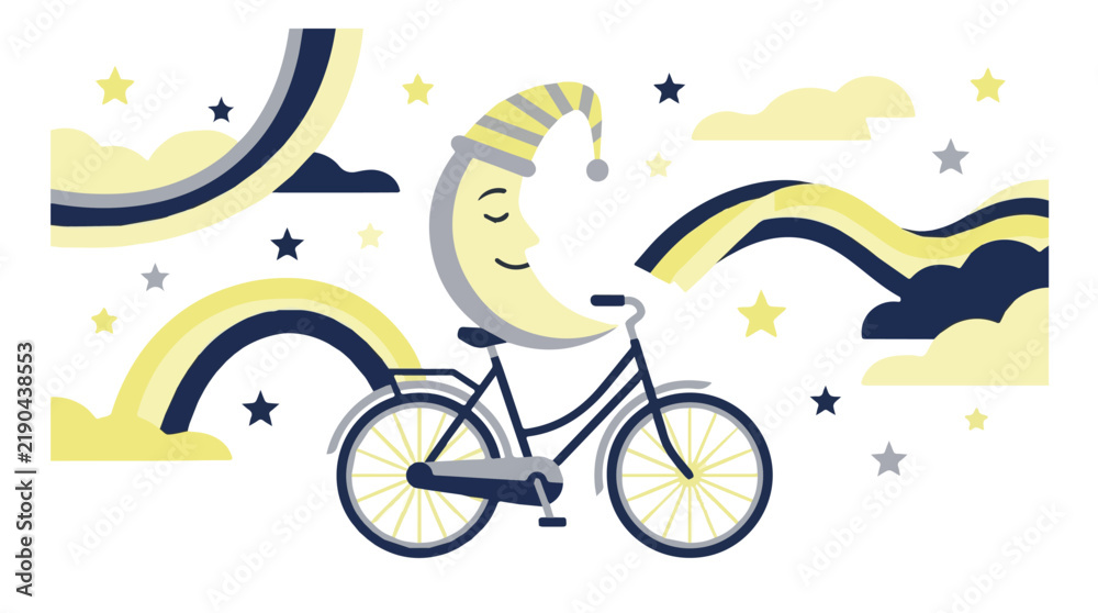 Obraz premium Whimsical night scene featuring a crescent moon face riding a bicycle through dreamlike clouds and rainbows