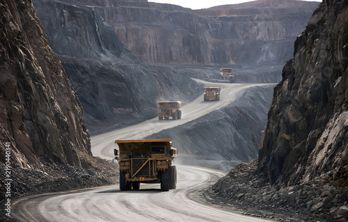 Haul trucks operating on terraced levels within the mine pit, an industry for diamond mining production