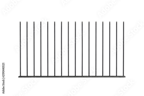 Vertical black metal bars forming a simple picket fence section with a horizontal base rail isolated on a transparent background