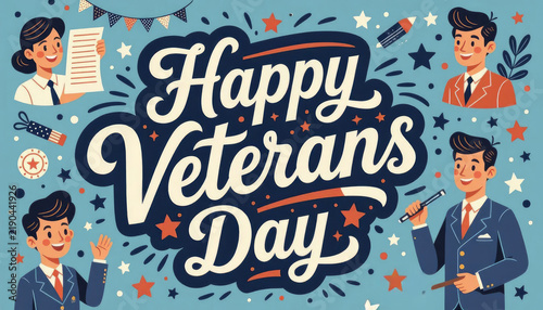 Happy veterans day greeting card with people cheering