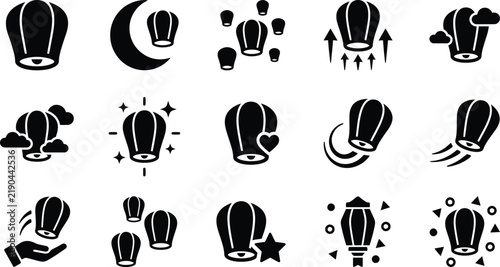 Collection of sky lantern icons in black and white linear style