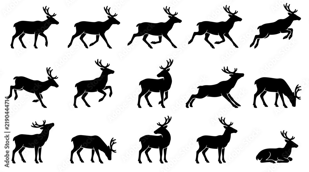 Fototapeta premium Reindeer silhouette set showing various movement poses and natural animal behaviors