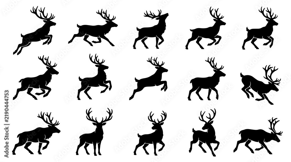 Fototapeta premium Christmas Reindeer Silhouette Set in Various Poses for Holiday Design Projects