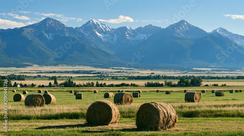 a serene countryside scene. The main subject is a vast green field with several round hay bales scattered across it. The bales are golden brown and appear to be freshly harvested. In the background.
