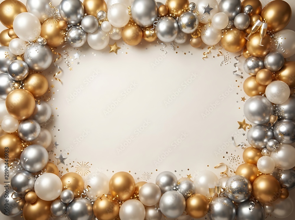 Obraz premium Gold and silver balloon garland border with champagne flutes for luxury holiday party event display.