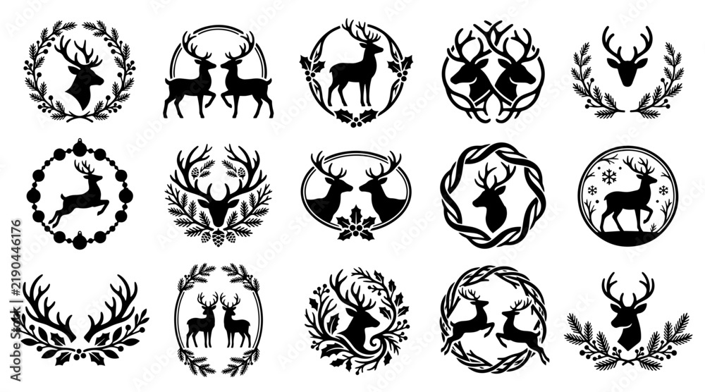 Fototapeta premium Christmas Reindeer Wreath Vector Set with Deer Silhouettes and Festive Holiday Icons