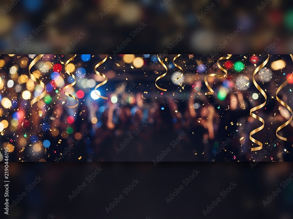 Obraz premium Golden party ribbons with blurred colorful festive confetti lights background for holiday celebration.