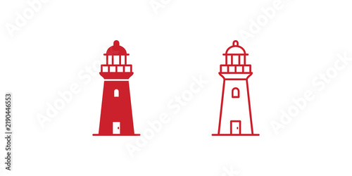 Red lighthouse building icon and outline vector design for navigation.
