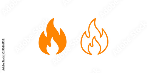 Flame fire icons orange pair with solid and outline graphic art styles.