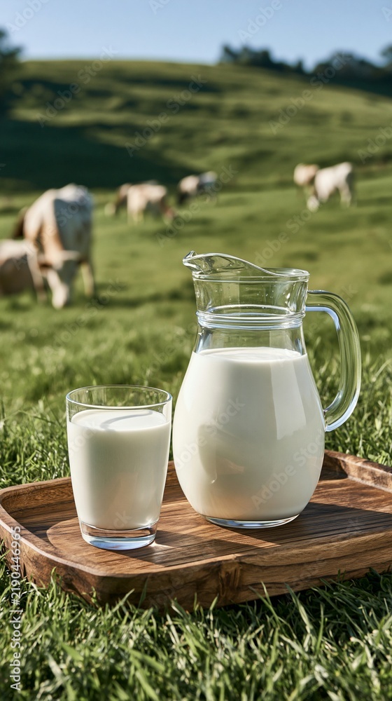 Obraz premium a serene countryside setting. A glass of milk and a jug of milk are placed on a wooden tray. The glass is filled with a creamy white liquid, likely milk, and the jug has a clear glass handle.