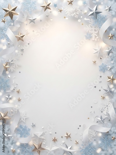 Shimmering winter vignette with metallic stars and white ribbons for luxury holiday season branding.