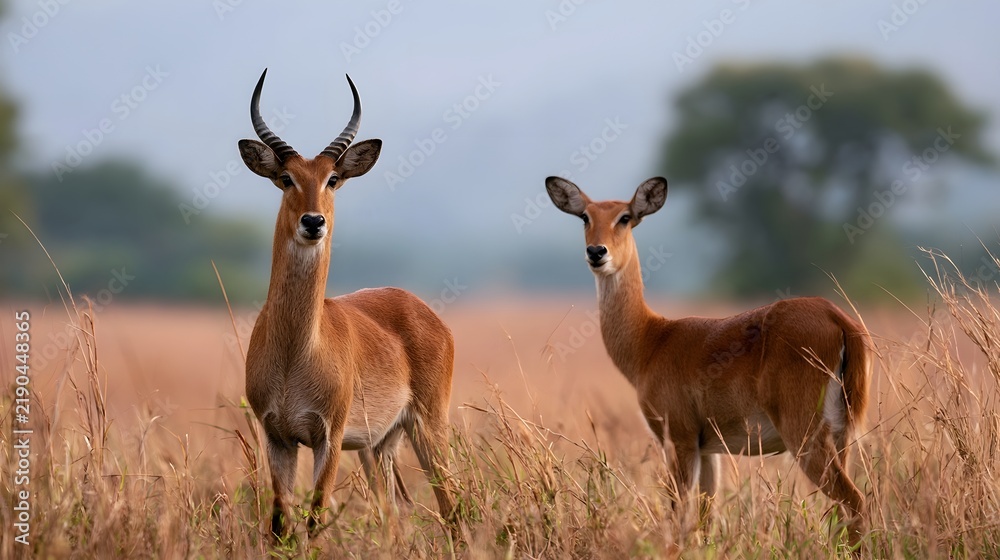 Fototapeta premium Two antelopes stand alert in tall golden grass under soft daylight heads turned toward viewer with calm posture