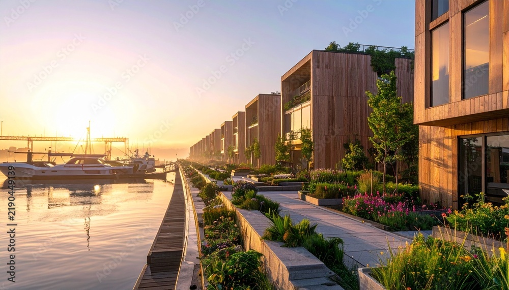 Fototapeta premium Modern luxury resort apartments by the ocean at sunset with luxury apartment modern architecture seaside living vacation hom