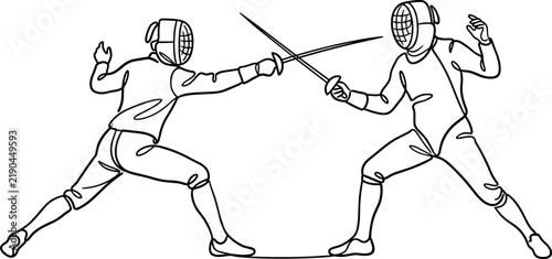 Фотография Two fencing athletes competing in a match with protective gear and swords