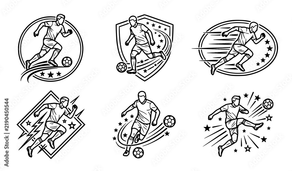 Obraz premium Soccer Football Player Logo and Badge Vector Icon Set Featuring Action Poses, Running, Kicking, and Equipment Outlines for Team and Tournament Branding