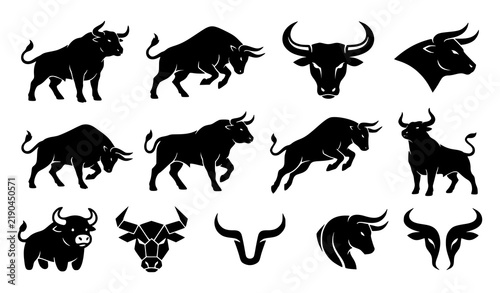Bull Silhouette and Head Vector Icon Set with Powerful Horns and Charging Mascot Symbols for Sports Teams, Finance, and Taurus Zodiac Designs