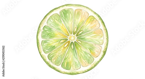 Watercolor Illustration Of A Vibrant Green Lime Slice On A Clean White Background