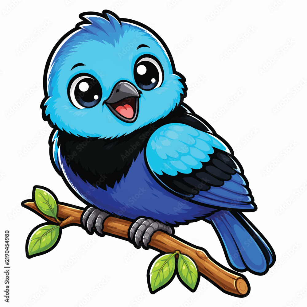 Fototapeta premium Cute blue and black songbird perched on a leafy branch with bright expressive eyes and vibrant feathers, charming bird cartoon illustration