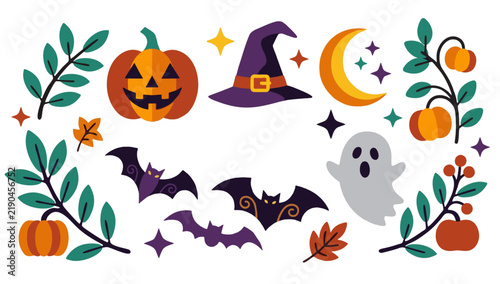 Halloween themed illustration set featuring jack-o'-lantern, witch hat, bats, and ghost for festive holiday decorations and autumn celebrations