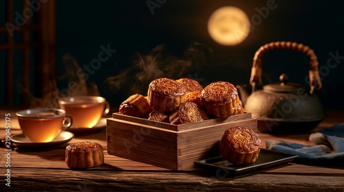 a wooden box filled with intricately carved mooncakes, accompanied by two cups of tea. The mooncakes have a goldenbrown hue, indicating they are freshly baked. The tea in the cups emits a warm.