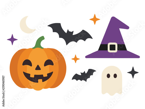 Halloween collection featuring cute pumpkin lantern, witch hat, ghost, and flying bats on a white background for seasonal decor