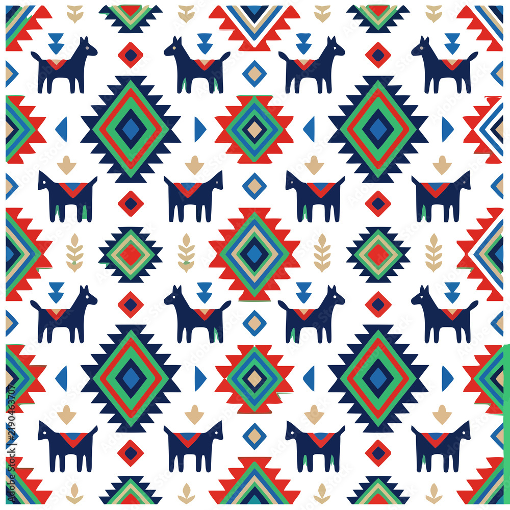 Fototapeta premium Tribal seamless pattern with stylized animals and geometric shapes