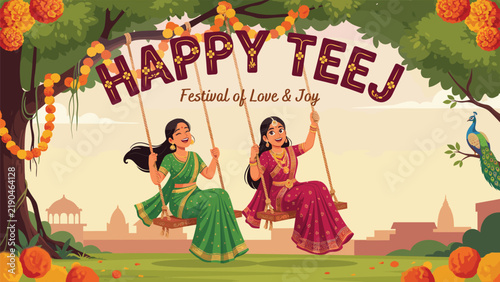 Happy Teej festival celebration with two women on swings in a garden