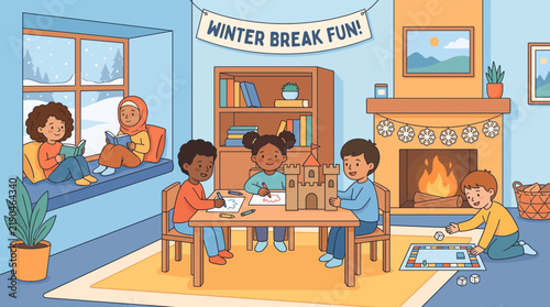 Diverse Children Enjoying Cozy Winter Break Activities Indoors: Reading, Drawing, and Playing Games Flat Vector Illustration.