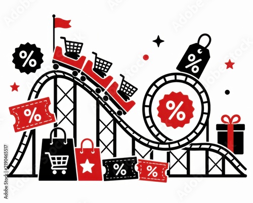 Dynamic shopping spree roller coaster ride full of exciting discounts and special offers marketing promotion vector illustration concept