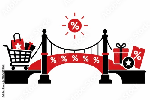 Modern shopping sale discount promotion bridge graphic with percentage icons gifts and shopping cart illustration