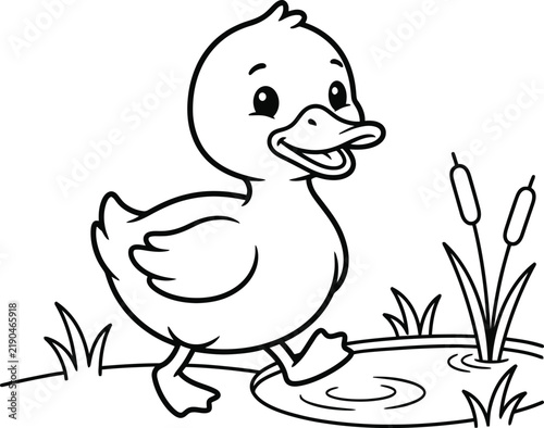 фотографія Cute duckling coloring page for kids, cartoon baby duck walking by a pond with c