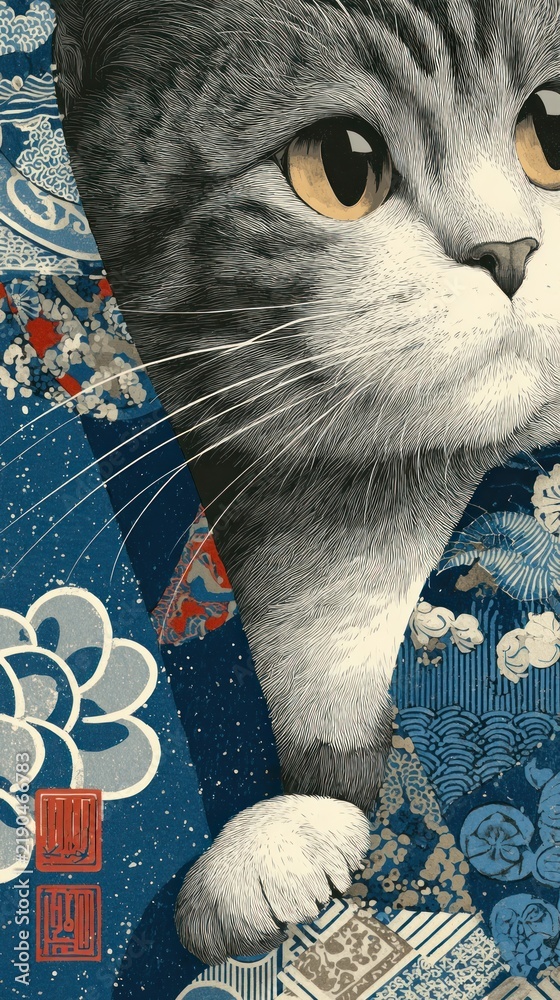 Obraz premium Artistic cat in kimono design, ideal for mobile wallpaper.