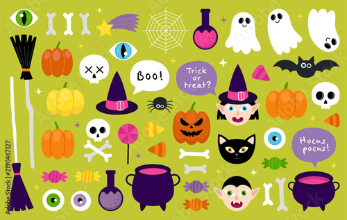 Big collection of cute Halloween elements on green background. Witch's broom, pumpkins, jack-o'-lantern, ghosts, skulls and bones, pointed hat, cauldron. Halloween characters, witch, vampire and cat.
