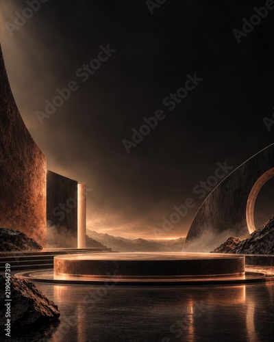 A mystical circular stone platform in a dark futuristic landscape with dramatic atmospheric lighting