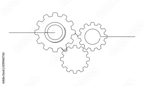 Three interconnected gear wheels in continuous line art style black and white design element