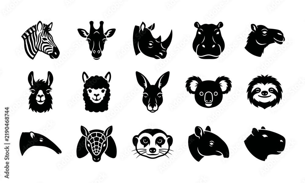 Obraz premium Set of black and white animal head icons featuring various exotic wildlife species collection