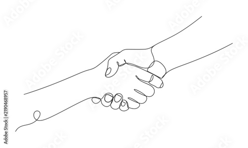 Two human hands shaking in continuous line art style black and white handshake illustration
