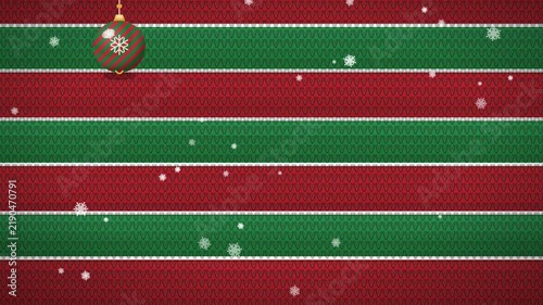 Festive Christmas background with falling snow and hanging ornaments on red and green stripes