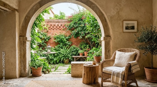 Stone archway entrance to lush Mediterranean courtyard garden