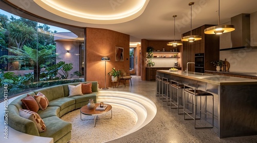 Sunken living room with terracotta walls and kitchen.