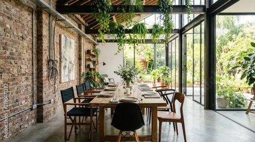 Sunlit greenhouse dining room with wooden table and lush plants.