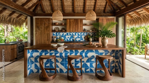 Tropical kitchen with blue tile island and thatched roof.