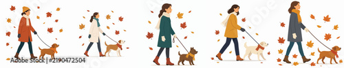vector flat of a woman walking with a pet dog in autumn