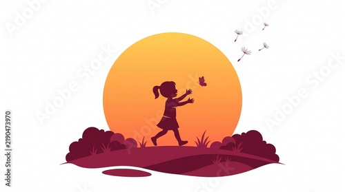 Minimalist silhouette of girl chasing butterfly at sunset, child playing in nature at golden hour, peaceful childhood concept