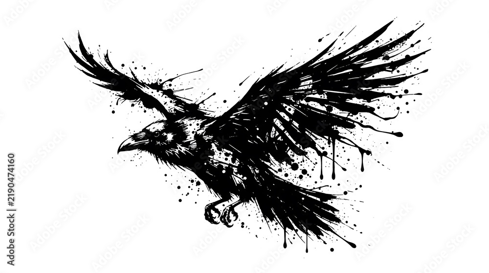 Obraz premium Ink splatter style illustration of a flying raven isolated on white background