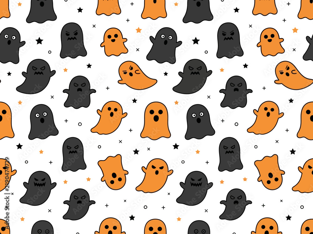 Fototapeta premium Seamless Halloween Pattern with Cute Orange and Black Ghosts